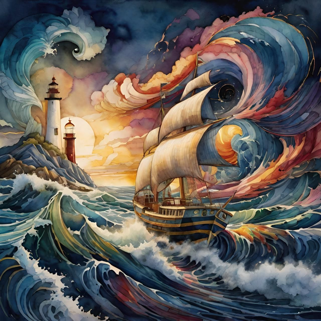 sailboats. lighthouse. ocean. clouds. waves. Hyperdetailed.16K.