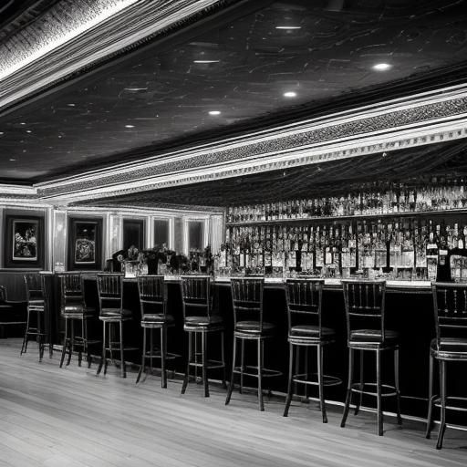 The luxurious and sophisticated main bar in the ballroom of the Lone Star Honky-Tonk.  B&W Photograph.