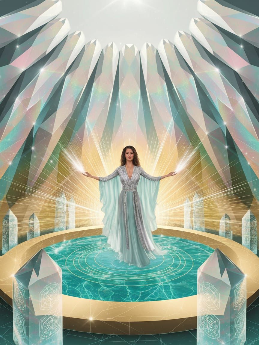 Inside a grand Lemurian crystal temple shaped like a lotus blossom, walls of translucent crystal shimmer with inner light, casting rainbow r...