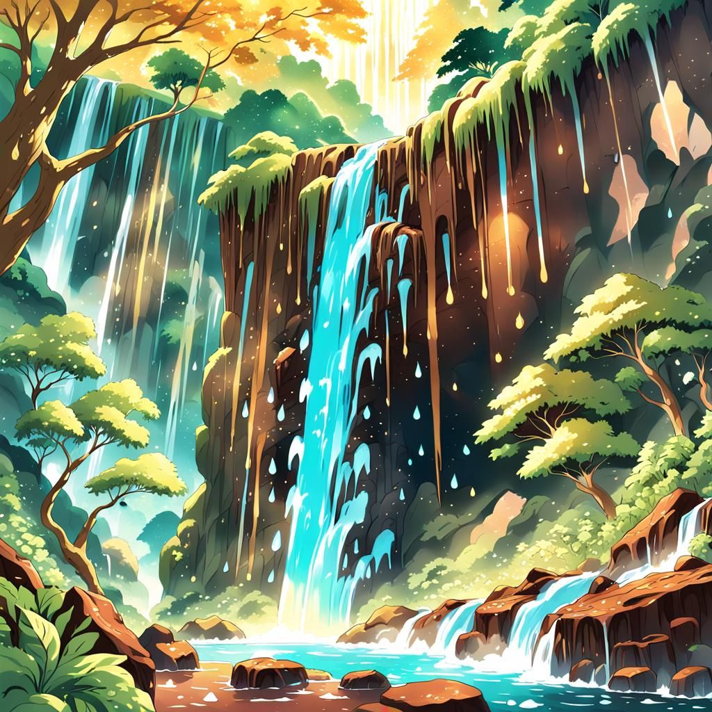 Chocolate Waterfalls in Lush Anime Forest