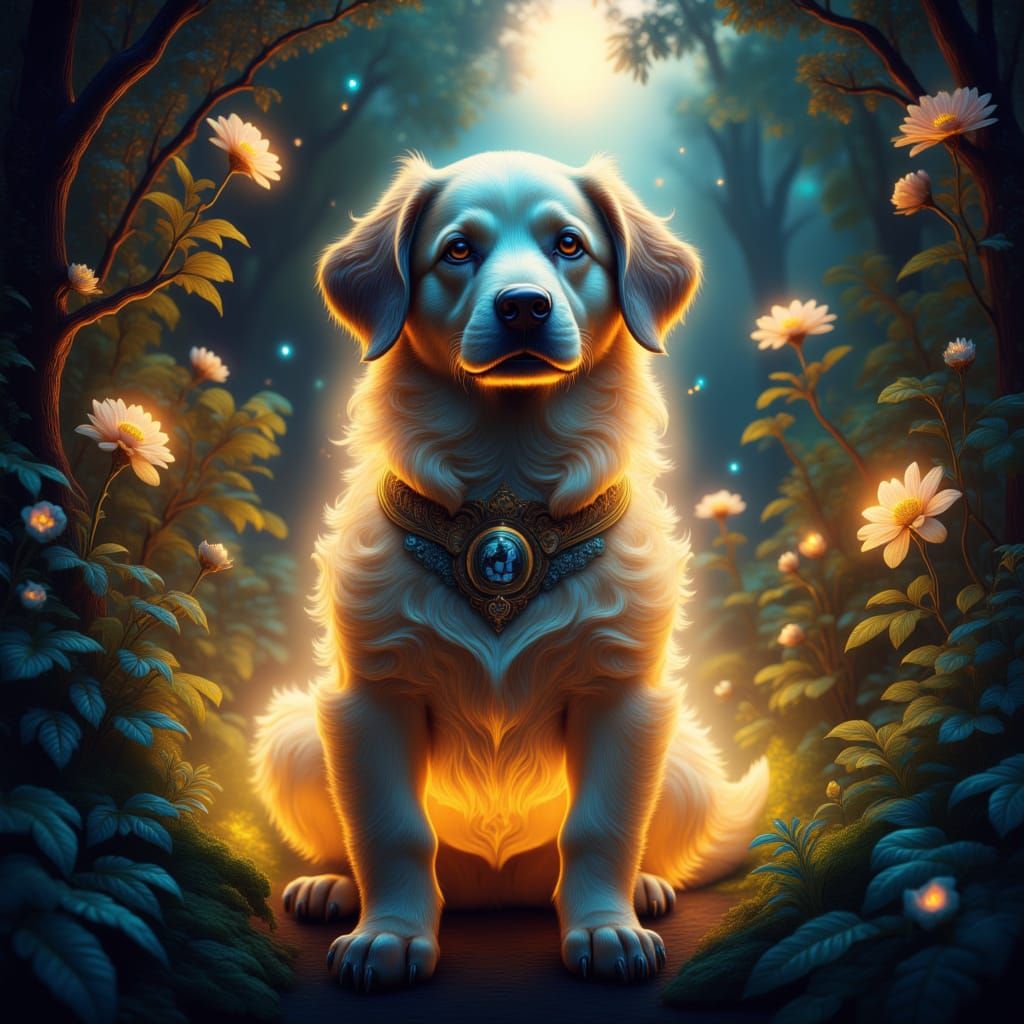 A glowing baroque dog in a dreamy setting <lora:Luminescence:1.0>