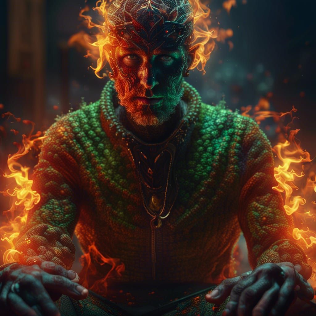 A man made of cannabis lights himself on fire