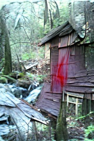 Old shack in the woods near waterfall red with blood,Mystery...