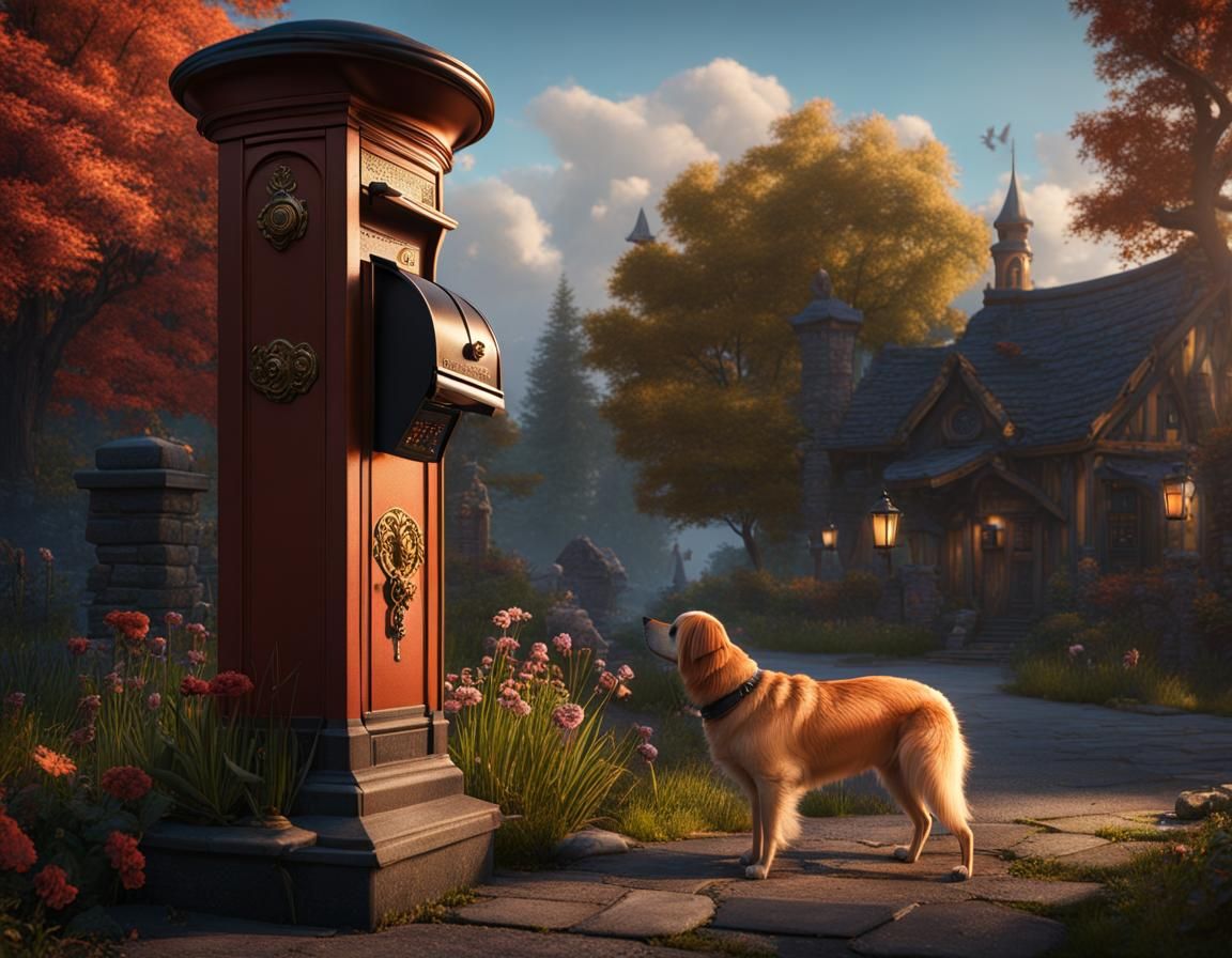 A dog waiting at the mailbox, detailed matte painting, deep color, fantastical, intricate detail, splash ...  by @Emanu1