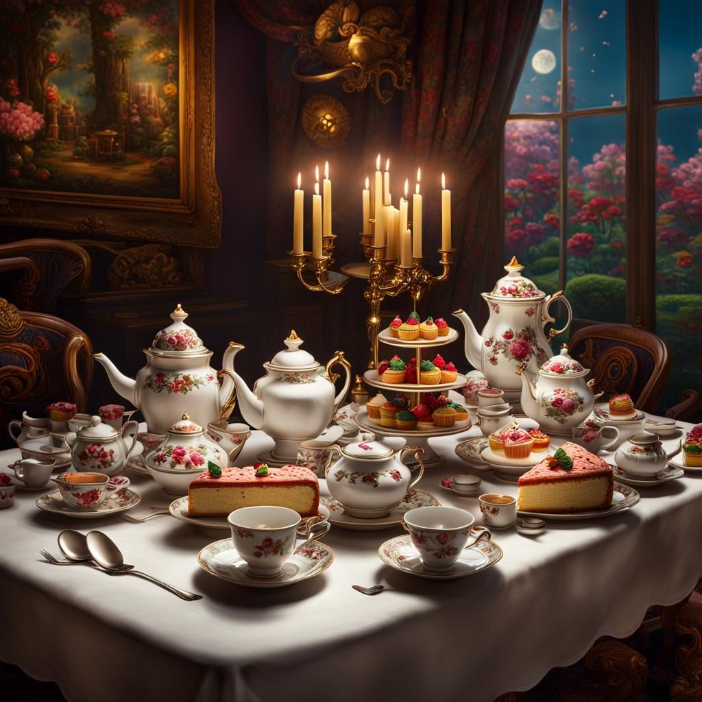 a rectangular table with a white tablecloth, featuring teapo...