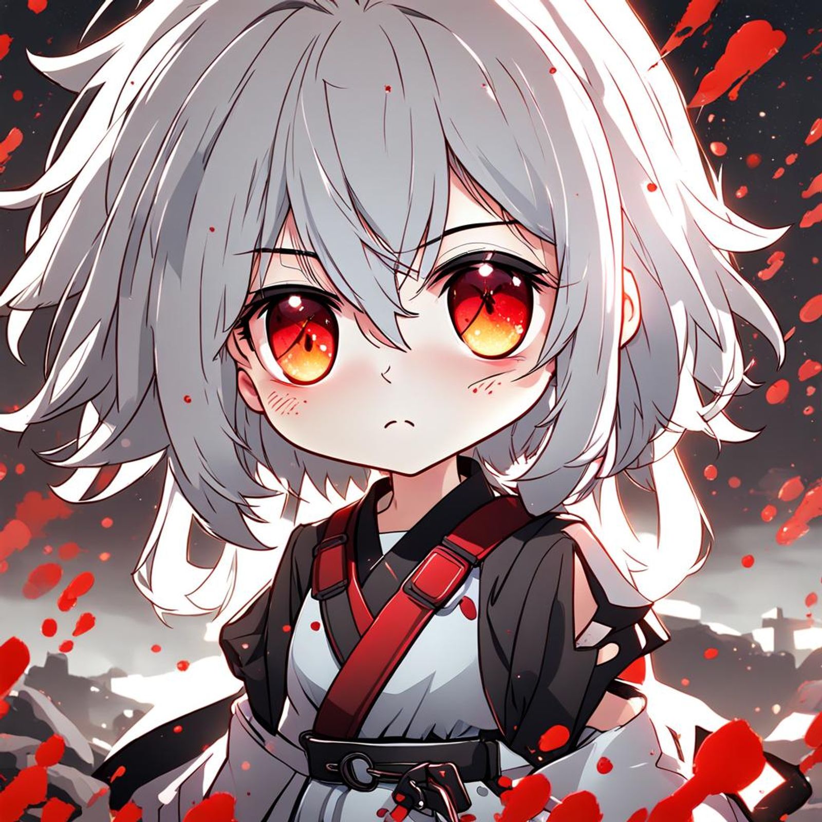 a chibi anime girl, moe style, with light white hair with good lighting ...