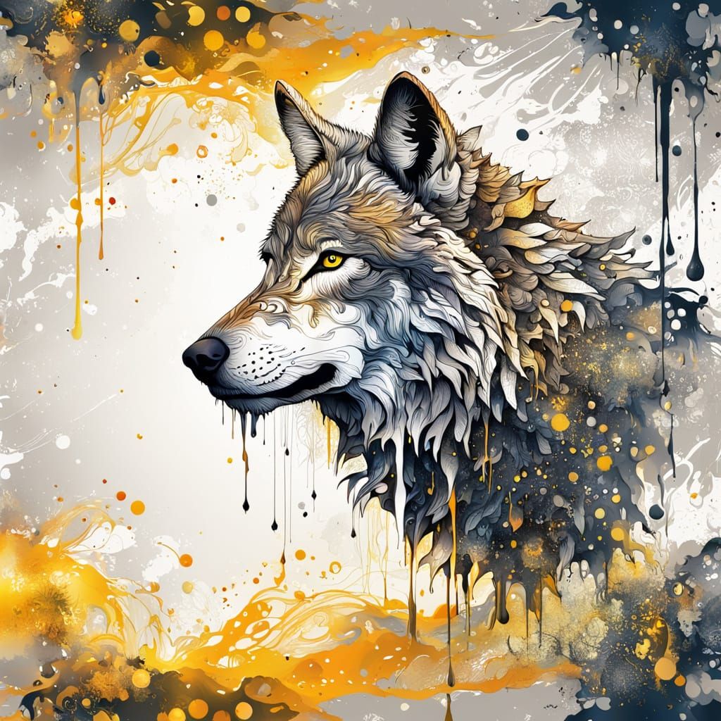 Surreal splatters and drips forming a wolf portrait. 