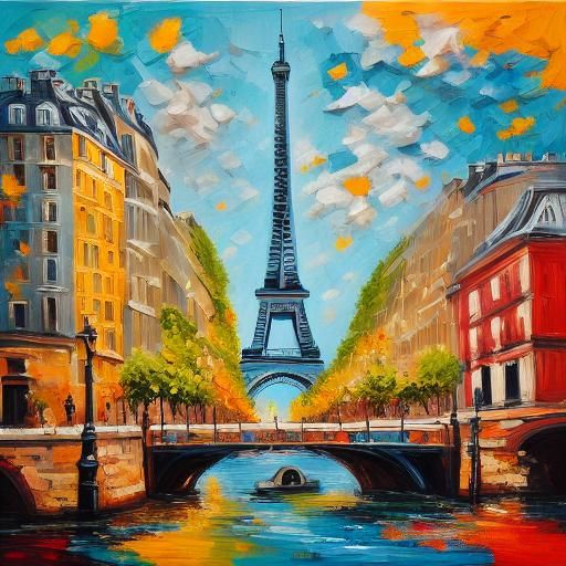 <lora:Impasto15:1.0> Paris quarter people Eiffel tower sunny day bold color colorful vibrant 