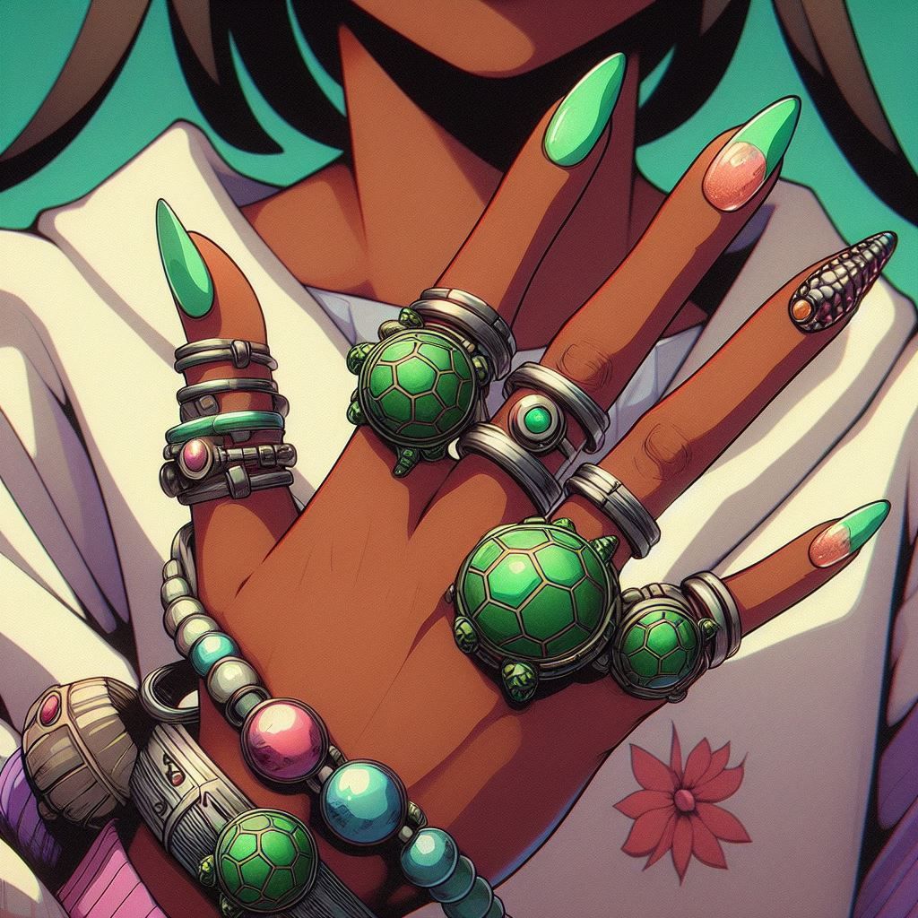 Turtle rings and green nails