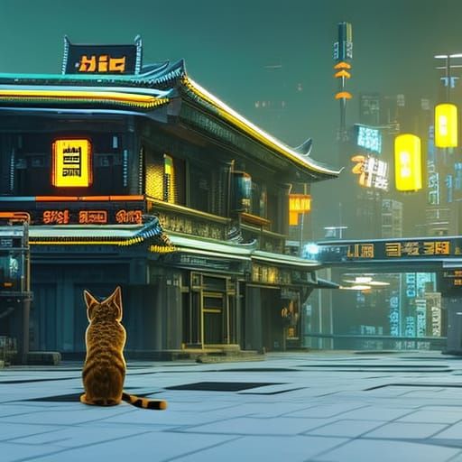Stray-style calico cat is sitting on a korean cyberpunk town...