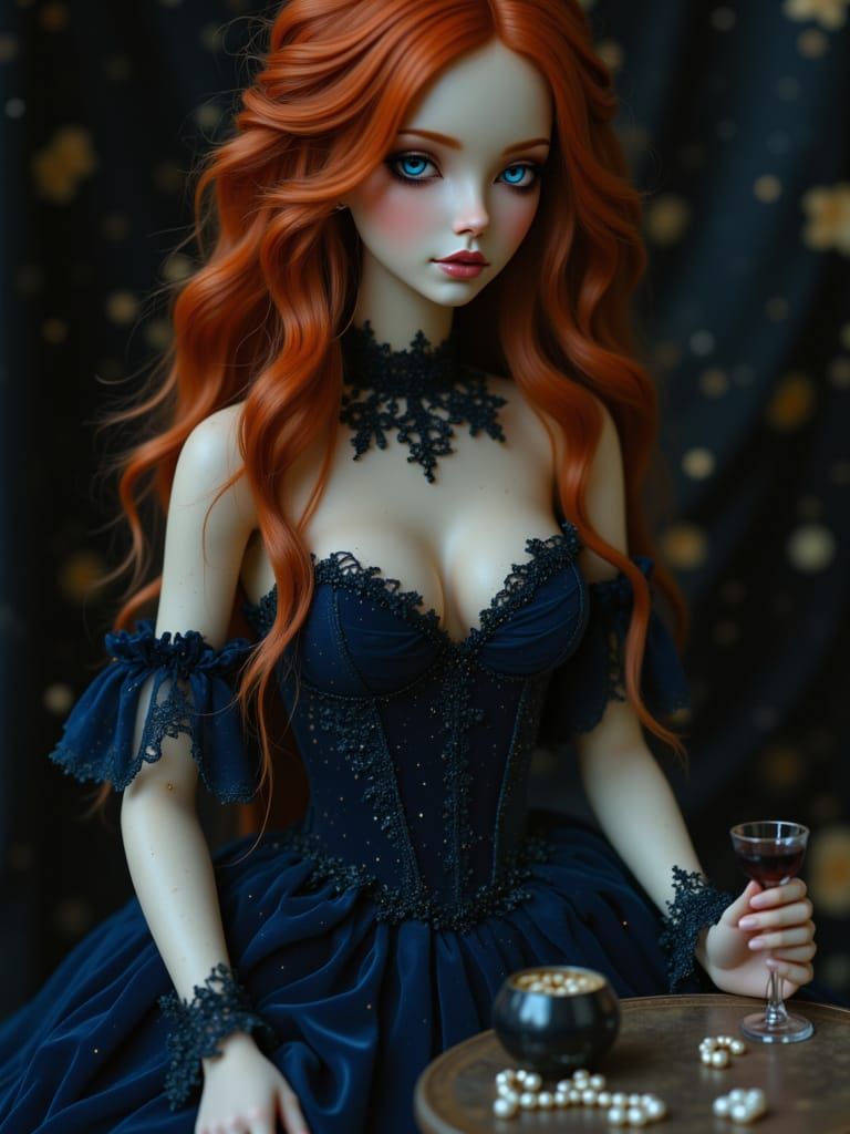 <lora:BlytheDoll:1.0> 

A fiery-haired woman with porcelain skin, wearing a midnight blue velvet gown and lace choker, seated beside a table...