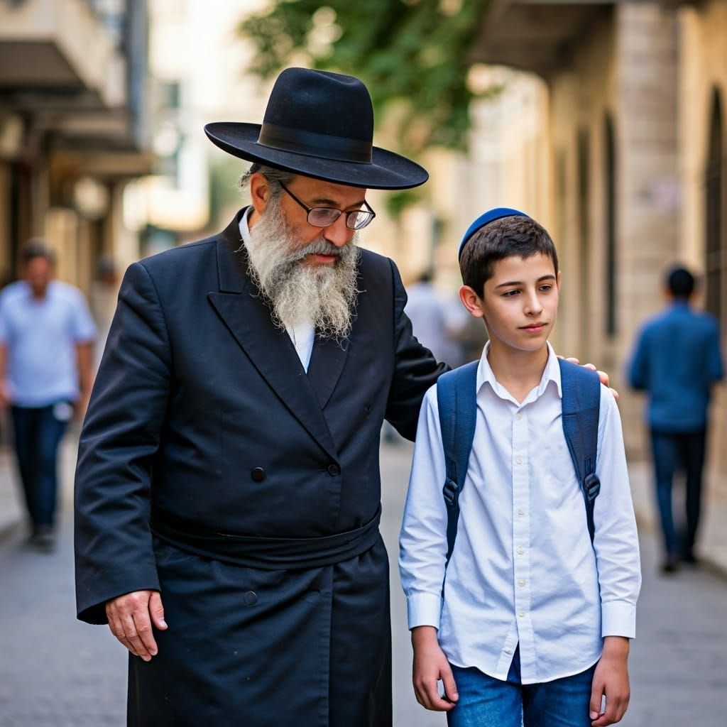 Rabbi and Young Student Walk Together Amidst Bustling City S...