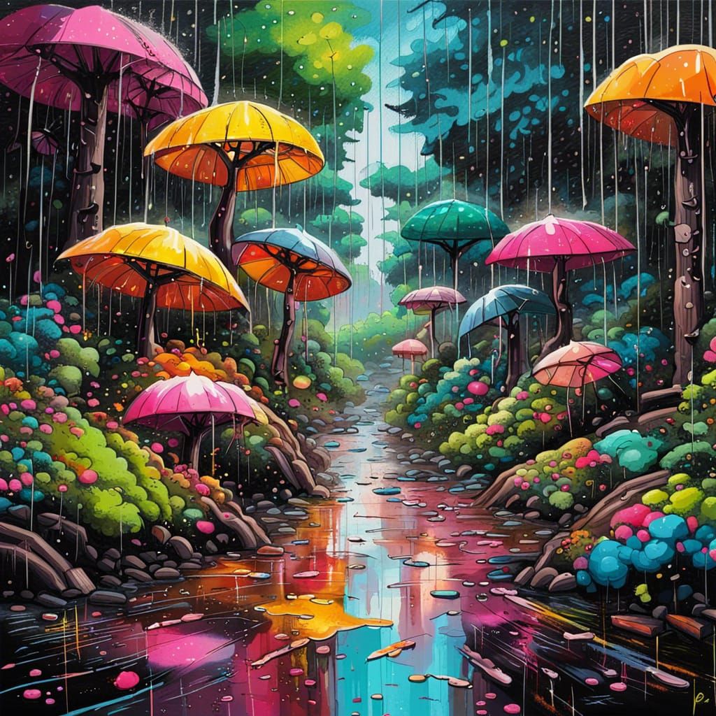 Rainy forest in Japanese art style  by @Gaelicka