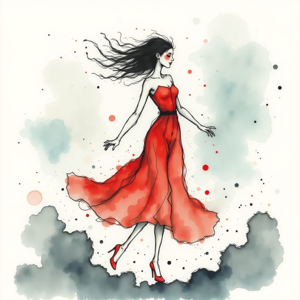 dreaming woman in the style of <lora:Quirky People:1.0> dancing on cloud, emotional messy watercolor inkdrop 