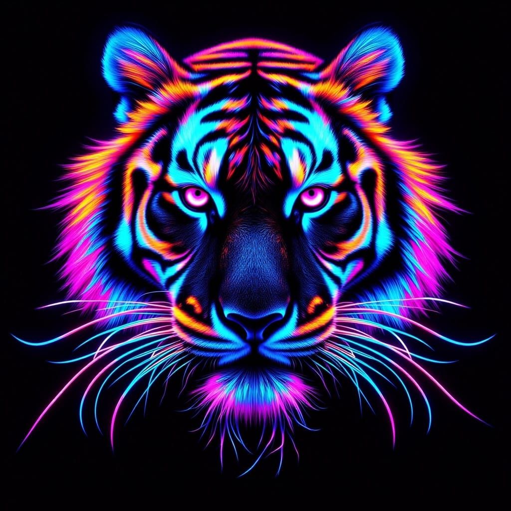 <lora:Blacklight nocturne:1.0> blacklight vibrant neon oil on canvas. A magnificent tiger cyborg with organic and cybernetic parts. Beautifu...