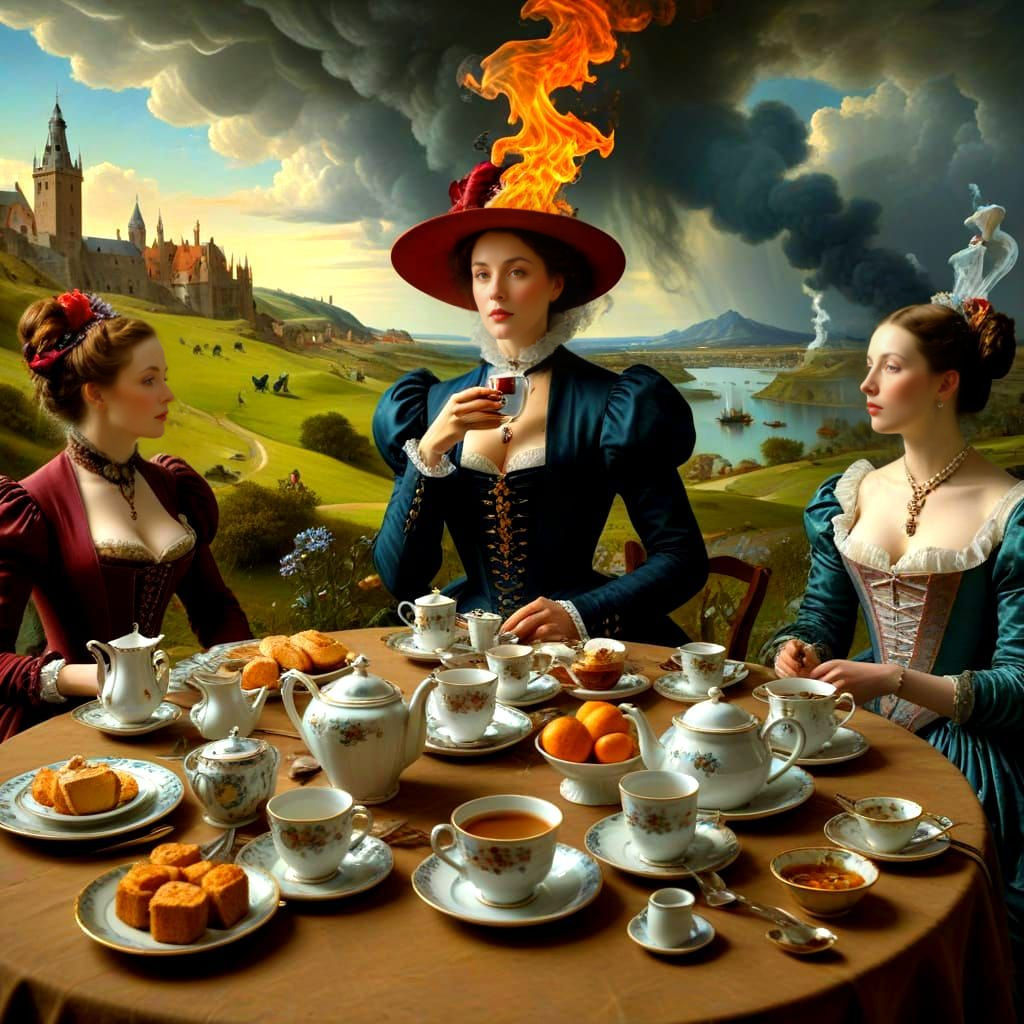 Victorian Tea Party Juxtaposed with Surreal Chaos