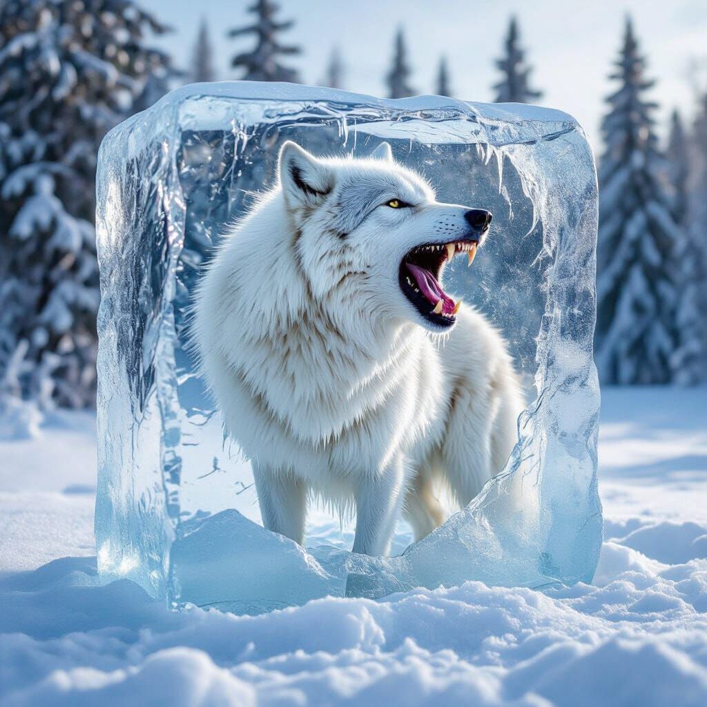 Frozen White Wolf Encased in Ice Block