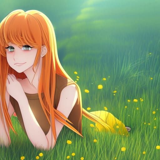 Anime Girl with Butterfly in Hair on Grass