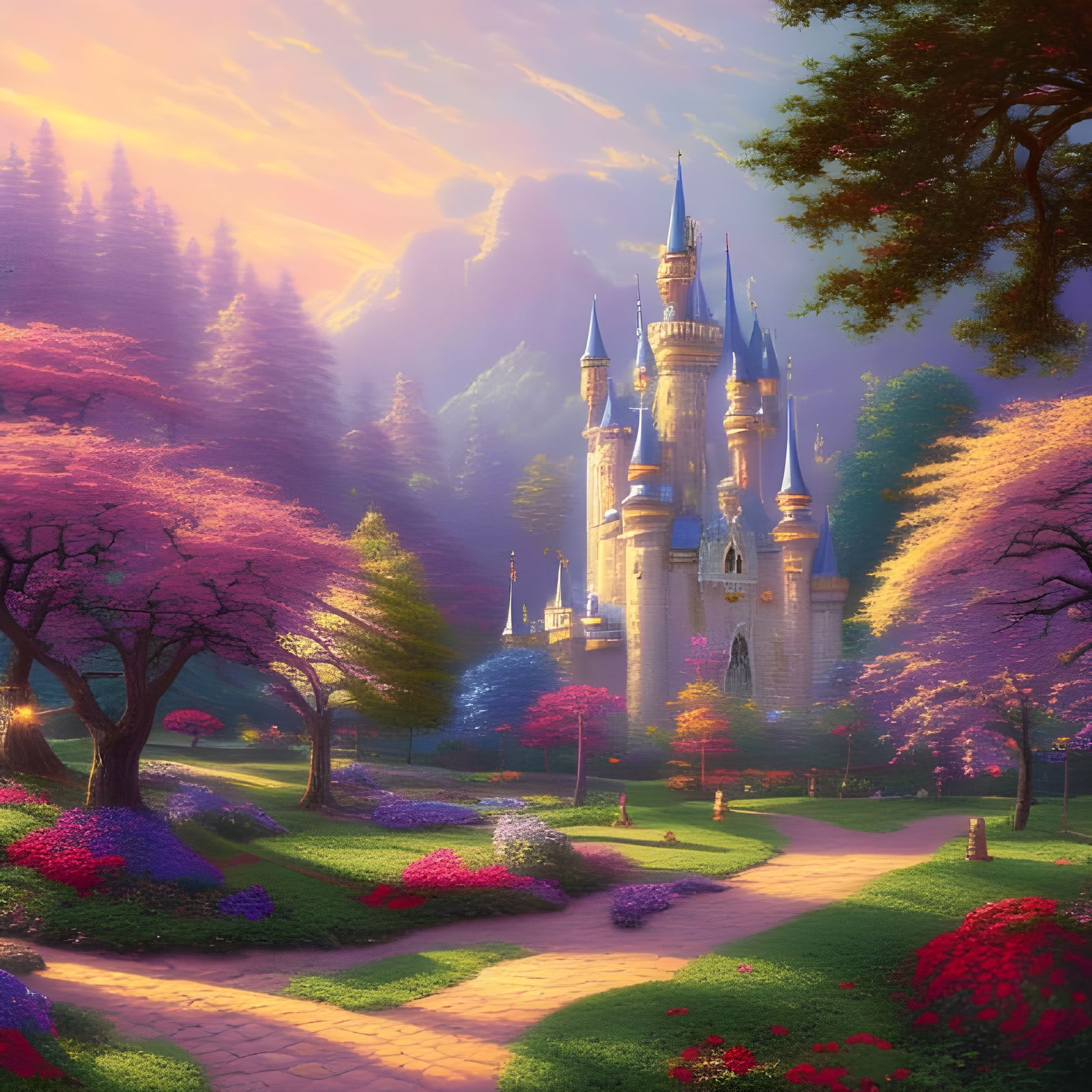 a fairy tale castle, tall spires, beautiful in the late afternoon light ...