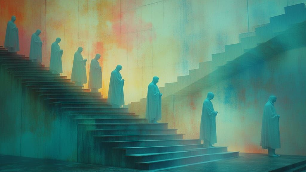 Abstract ethereal figures descending non-euclidean stairs through wafting clouds of spirit vapor; impeccable top lighting, contrasting depth...