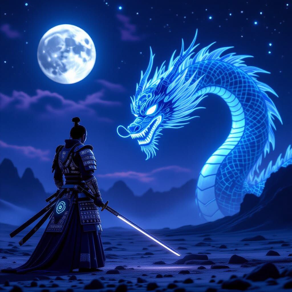 Surrealism. Medium shot. A lone samurai warrior stands on a desolate, alien planet, his armor intricately detailed with glowing cybernetic i...