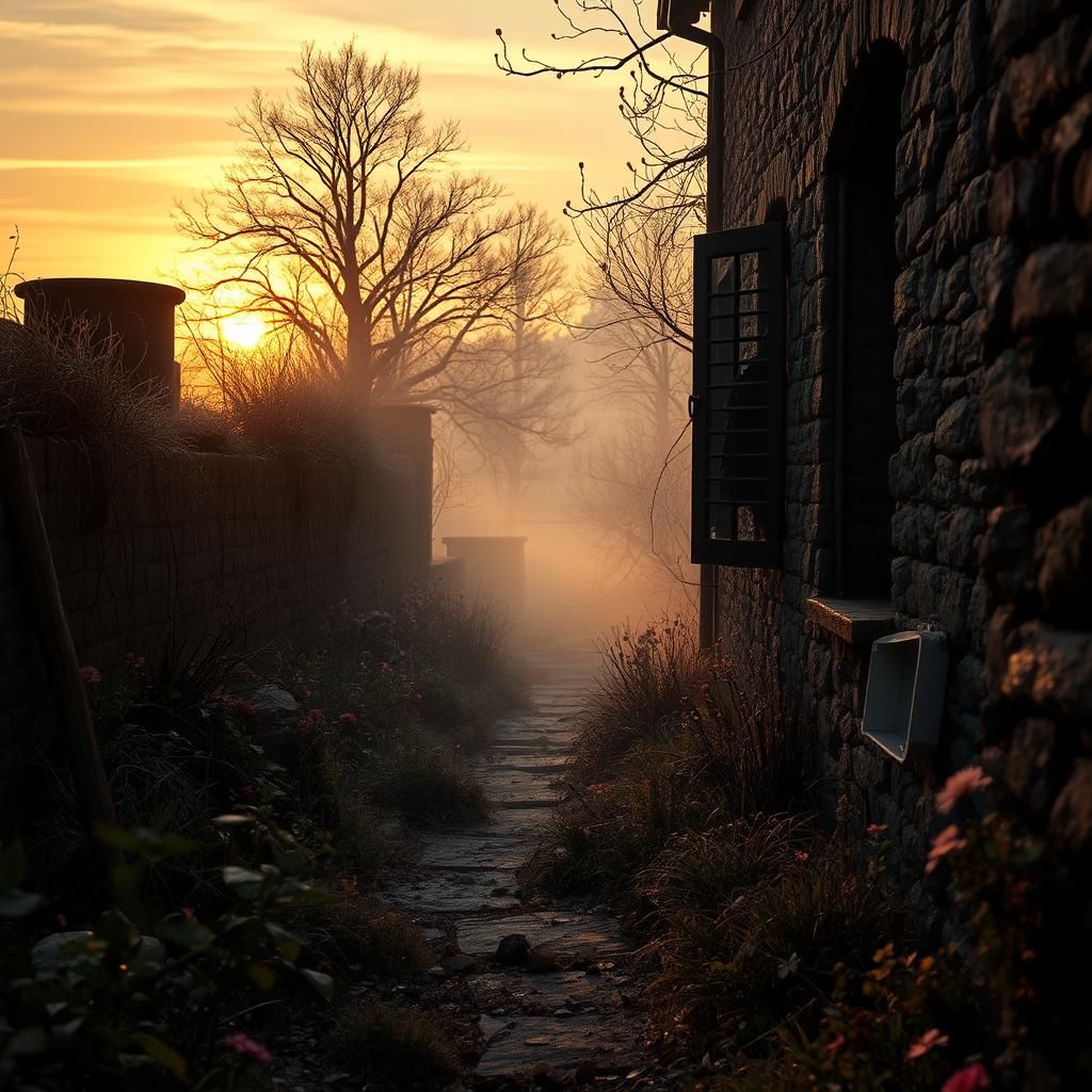 Overgrown Garden Path in Mystical Sunset Light