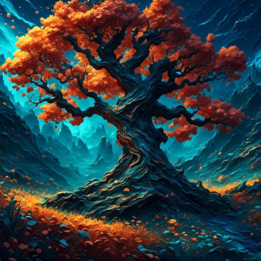 <lora:ThickPaint:1.3> a single tree in the middle of a glade at night