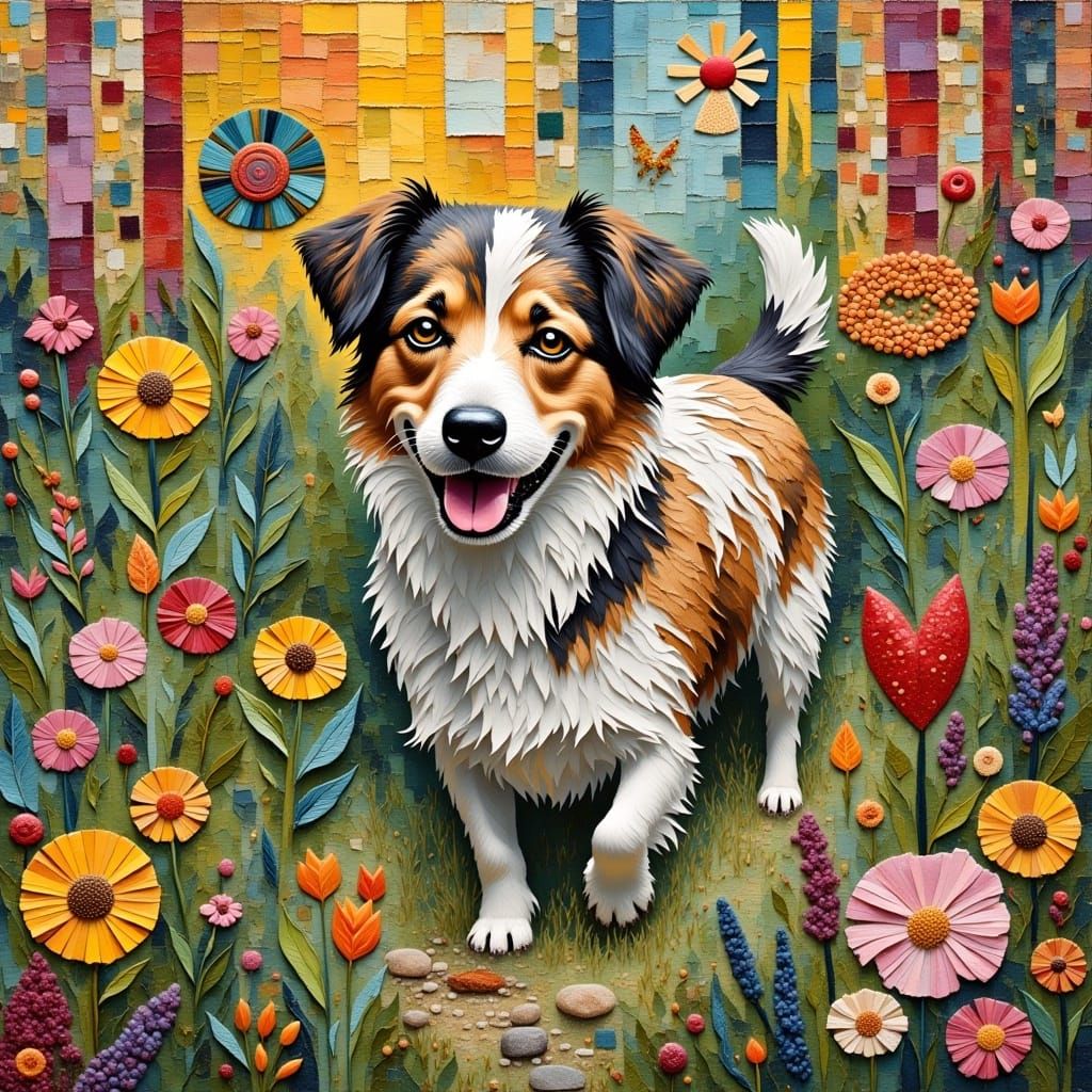 <lora:Impasto Patch:1.0>A beautiful garden with colorful flowers, a dog, textures, and patchwork.Mixed media composition