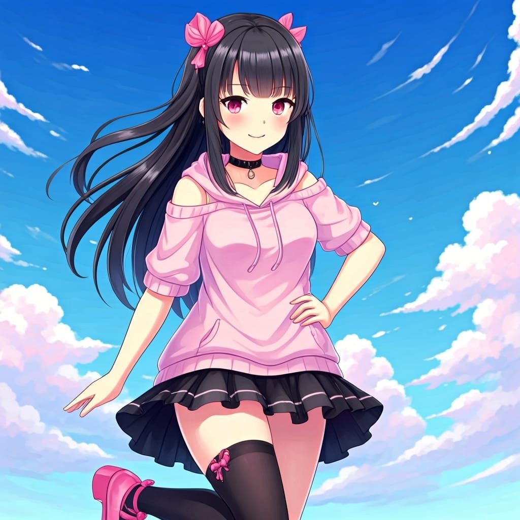 Feisty Anime Teenager with Pink Hoodie and Magenta Eyes