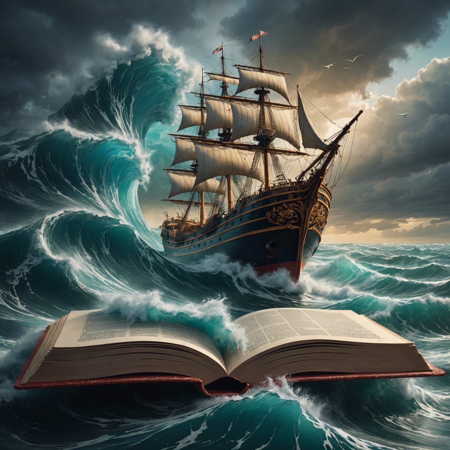 Ship Merges with Stormy Waters in Book Pages