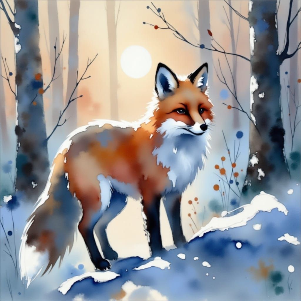 Watercolor painting of a winter fox, in a sunlit forest clearing at sunrise, aquarelle, soft blends, dramatic lighting <lora:Earth and water...