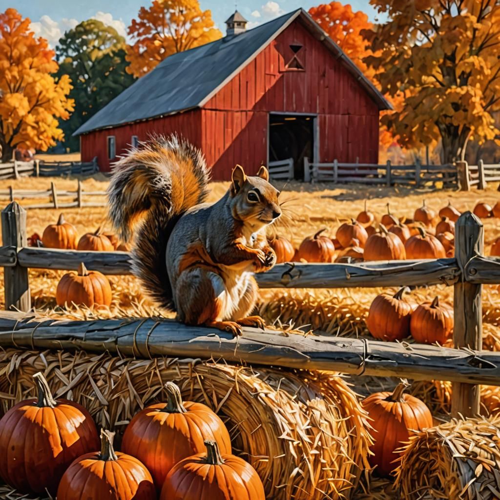 Rustic autumn landscape. Medium shot. A squirrel sits on a straw bale near a red barn, surrounded by ...  by @Daisy1234