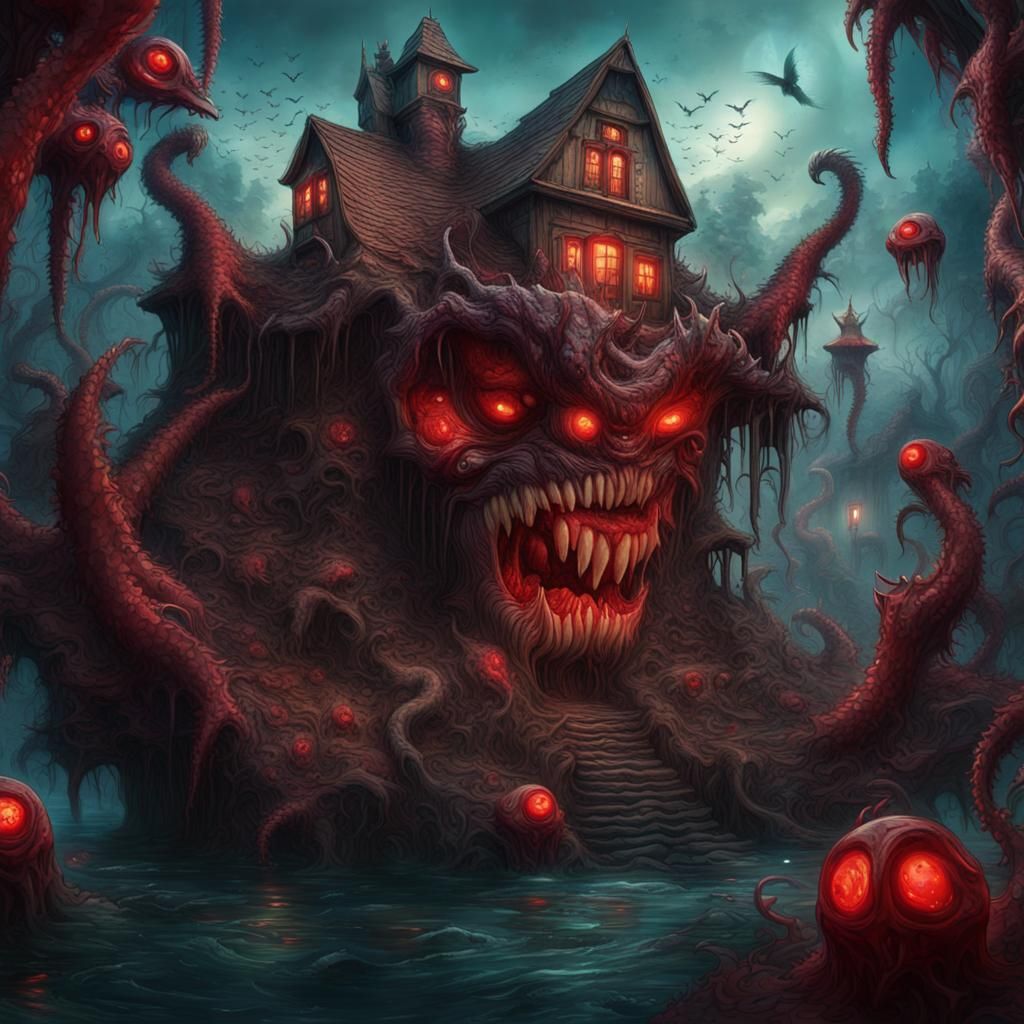 a dreamscape of mythical creatures floating around a horribl...