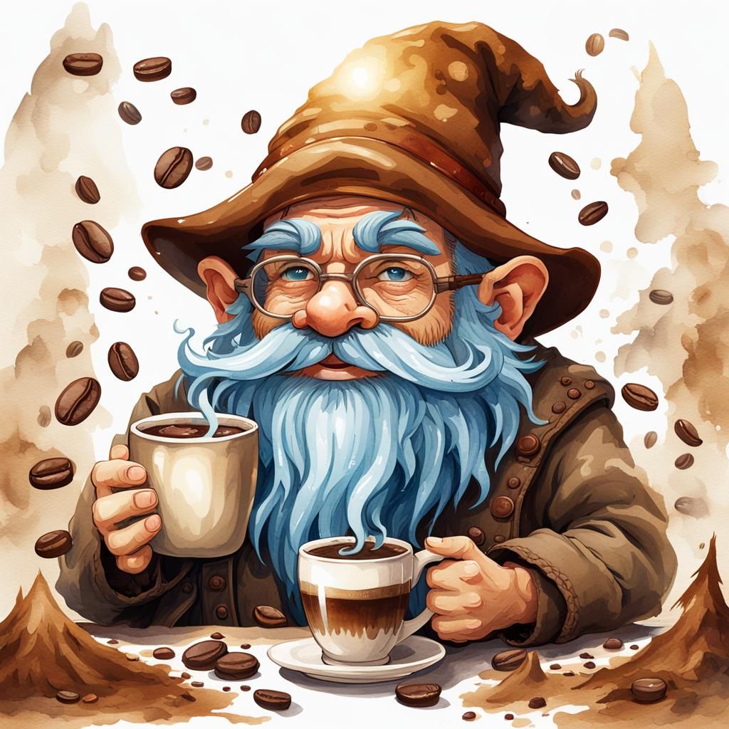 Create a watercolor gnome barista with the hat pulled over h...