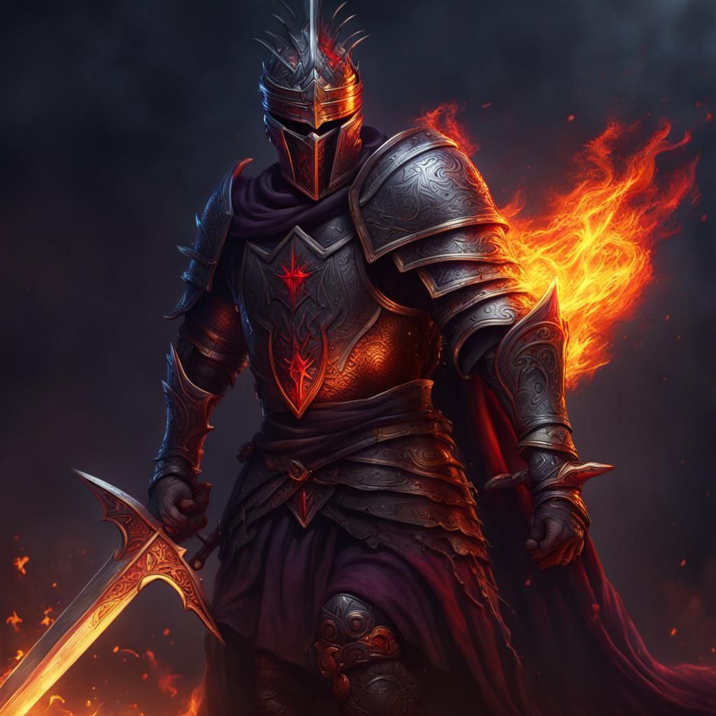 Male knight wearing a crown of thorns carrying a flaming sword of red ...