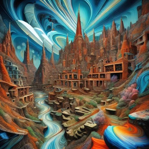 Monolithic buttes and towers in a utah canyon. :: Marbling, fractals, 3d :: extra sharp focus <lora:3D Fractal Splash:1.0> 