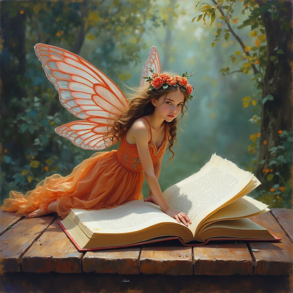 A fairy tale fairy is reading a story to two little four-year-old girls who are lying in bed and listening attentively.