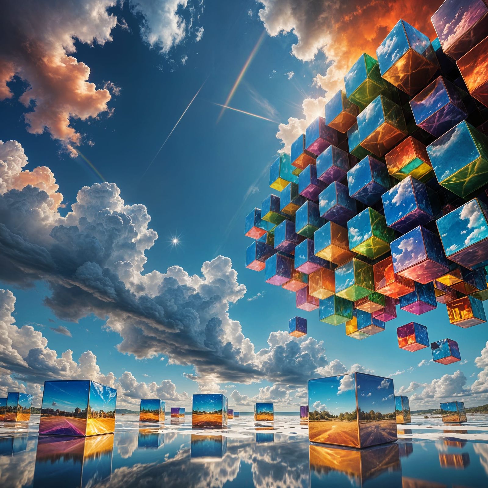 a photorealistic image of a cubed rainbow across the sky. each cube is beautifully colored with a reflective ...  by @Paulie60