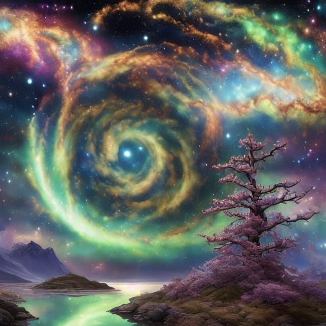 Whimsical Watercolor Teacup with Aurora Borealis and Constel...