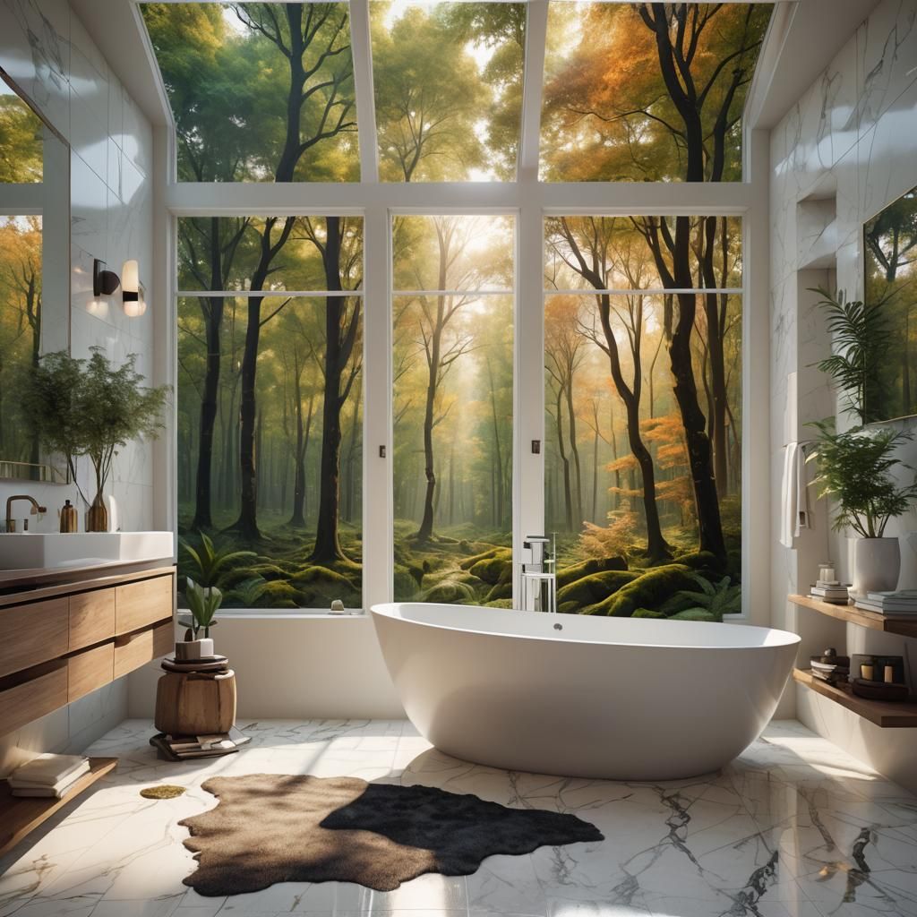 white bathroom with marble walls, big white modern bathtub in front of window, forest view, beige cozy bathmat, big mirror