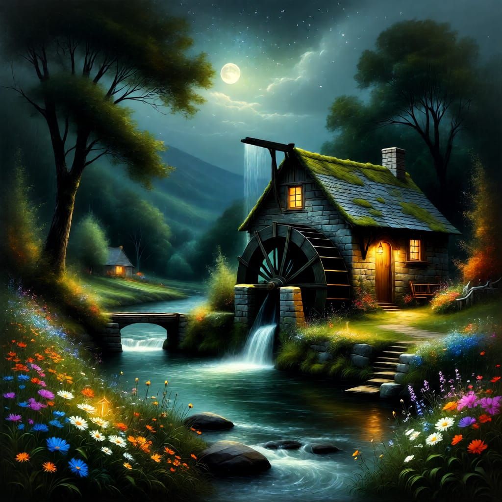 Tranquil Watermill Under Stars
