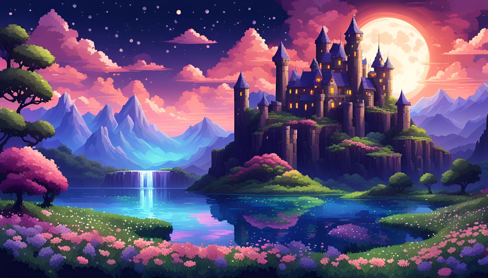 A beautiful dark fantasy castle under a full moon in a beaut...