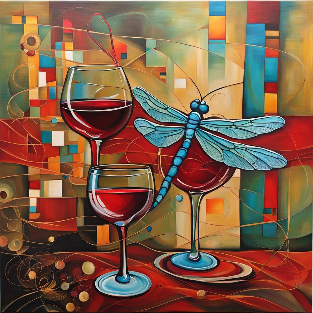 Dragonfly with red wine glasses