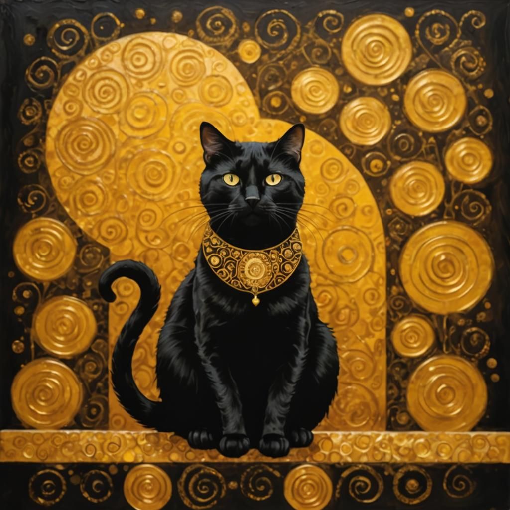 An artistic image of a Black Cat decorated in the style of Gustav Klimt, featuring bold, golden patterns and intricate decorative elements....