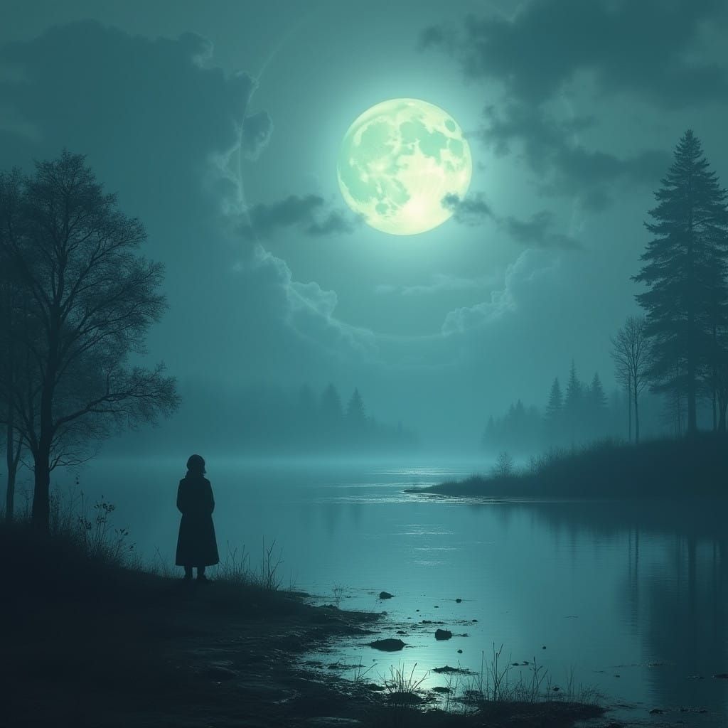 Lone Figure Contemplates Moonlit Lake in Dreamlike Setting