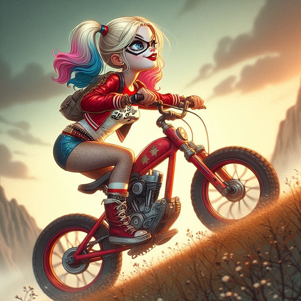 Harley Quinn riding a bike