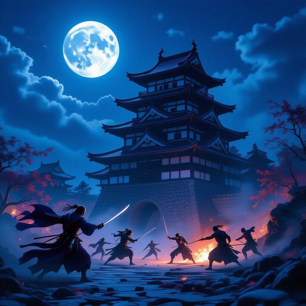 Epic Battle at Japanese Castle Under Full Moon