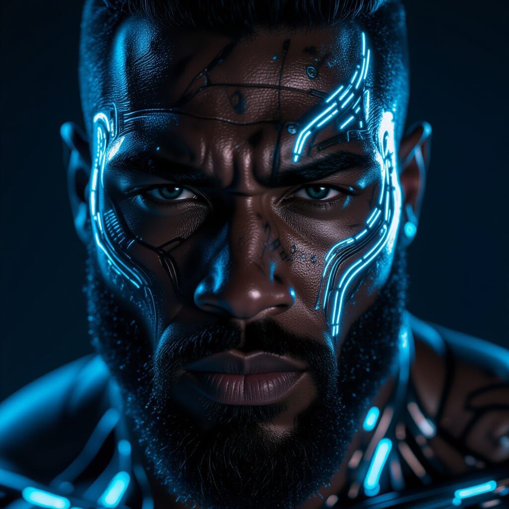 Afrofuturism. Extreme close-up. A muscular black man's face is adorned with intricate bio-mechanical tattoos that glow with light blue energ...
