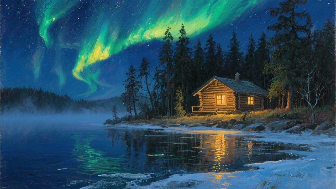 A serene oil painting of a cozy log cabin nestled by a misty lakeside. The deep night sky is ablaze with an ethereal aurora borealis, its ri...
