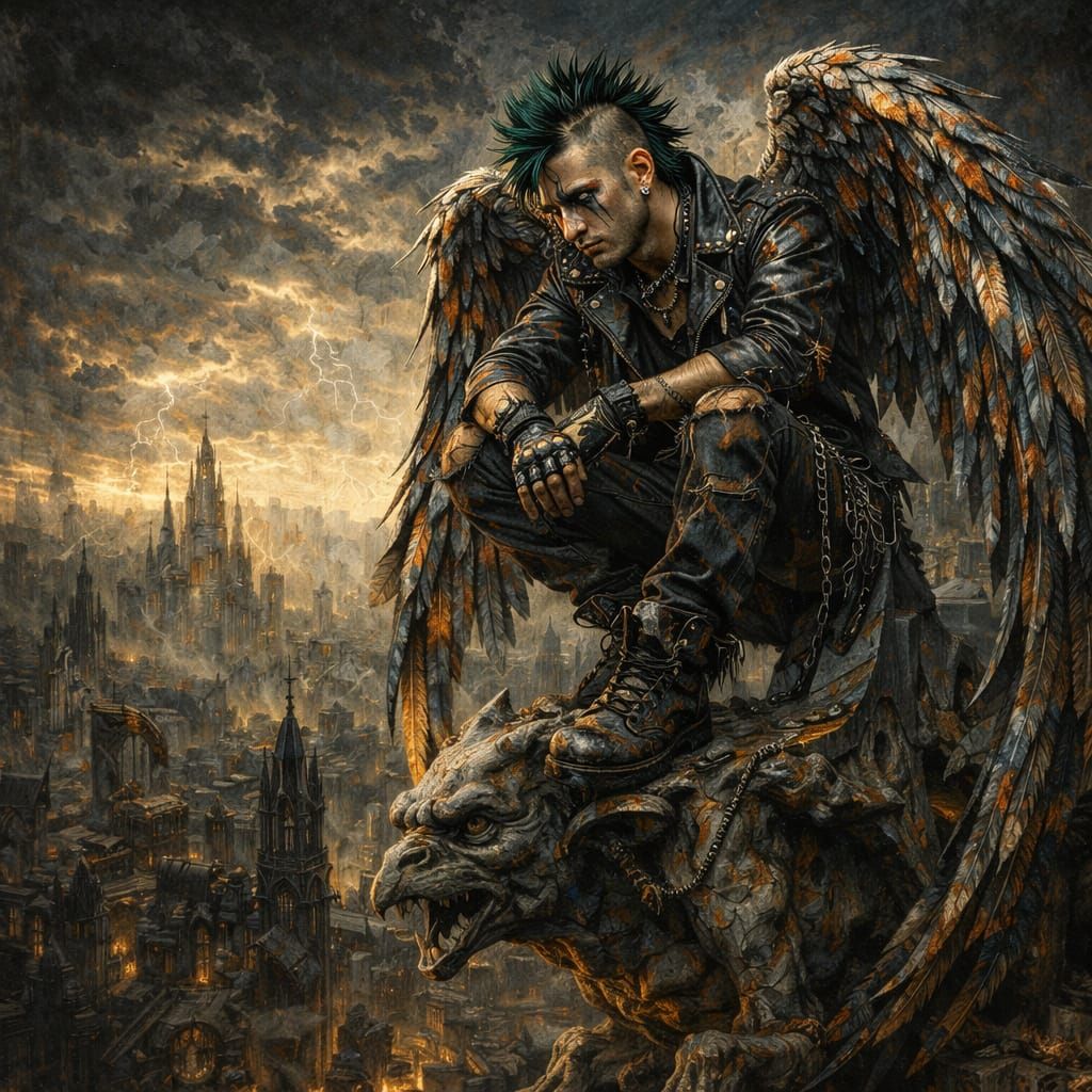 A Fallenpunk Angel on a Gargoyle  by @Jenny Bo Benny